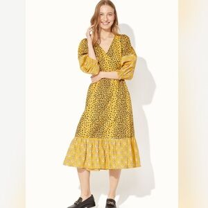 Cath Kidston Leopard Print Cotton Wrap Midi Dress in Yellow Sz 8